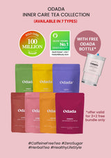 Odada inner care tea collection with colorful packages and a free Odada bottle on a pink background.
