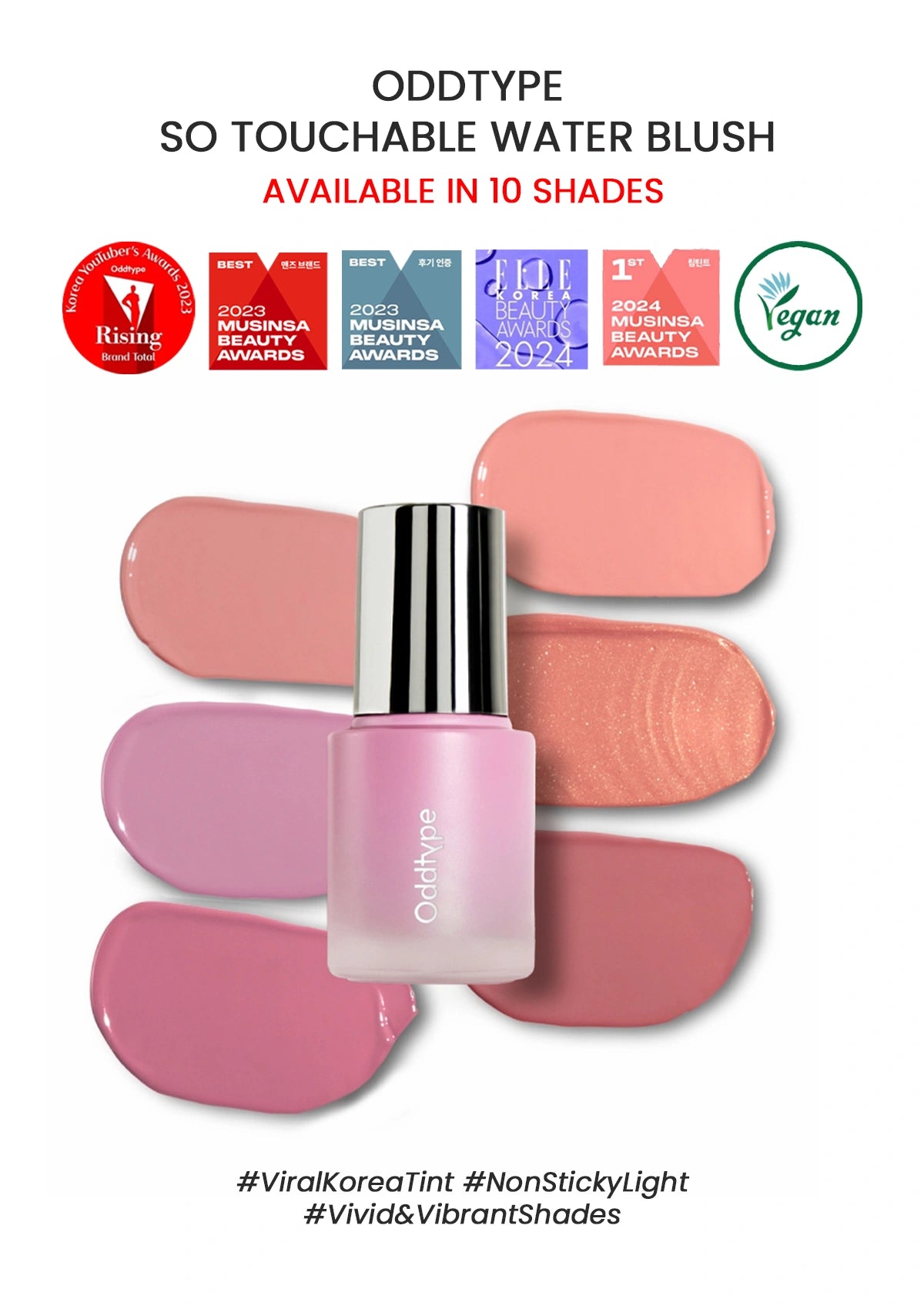 ODDTYPE So Touchable Water Blush with swatches and awards on a white background