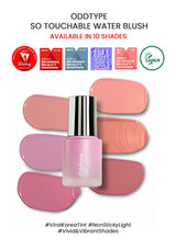 ODDTYPE So Touchable Water Blush with swatches and awards on a white background