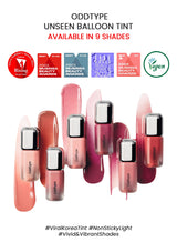Collection of lip tint products with brand logos and awards on a white background
