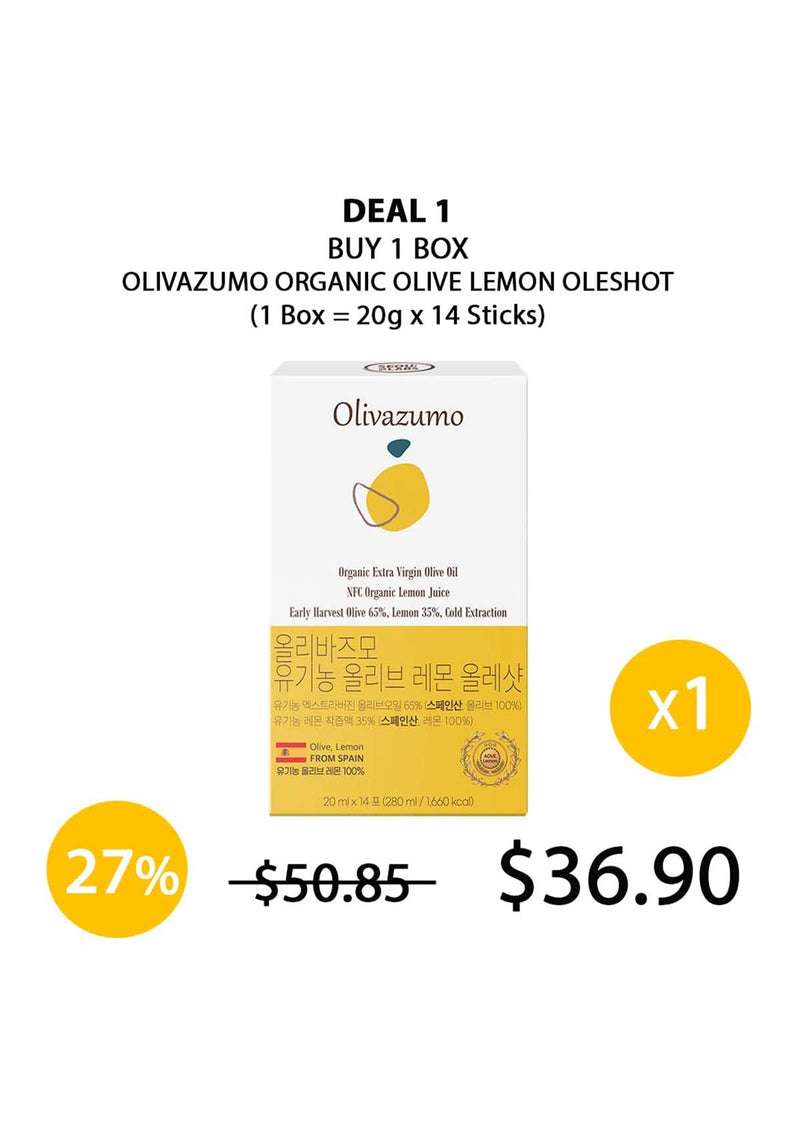 Olivazumo organic olive lemon oleshot packaging with promotional text on a white background