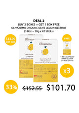 Promotional offer for Olivazumo Organic Olive Lemon Oleshot with packaging and pricing details.