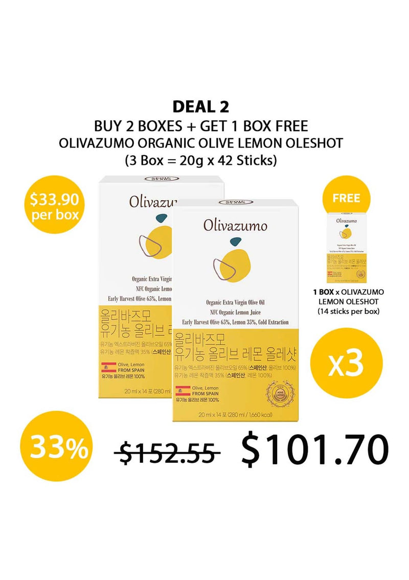 Promotional offer for Olivazumo Organic Olive Lemon Oleshot with packaging and pricing details.