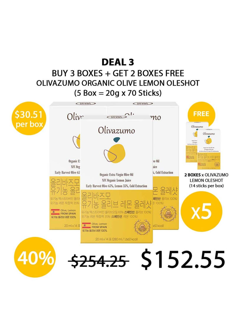 Olivazumo organic olive lemon oleshot packaging with promotional deal text on a white background