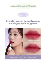 Lip tint advertisement with a woman applying the product and close-up of lips.