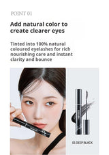 Cosmetics advertisement with a woman holding mascara and product packaging on a white background.