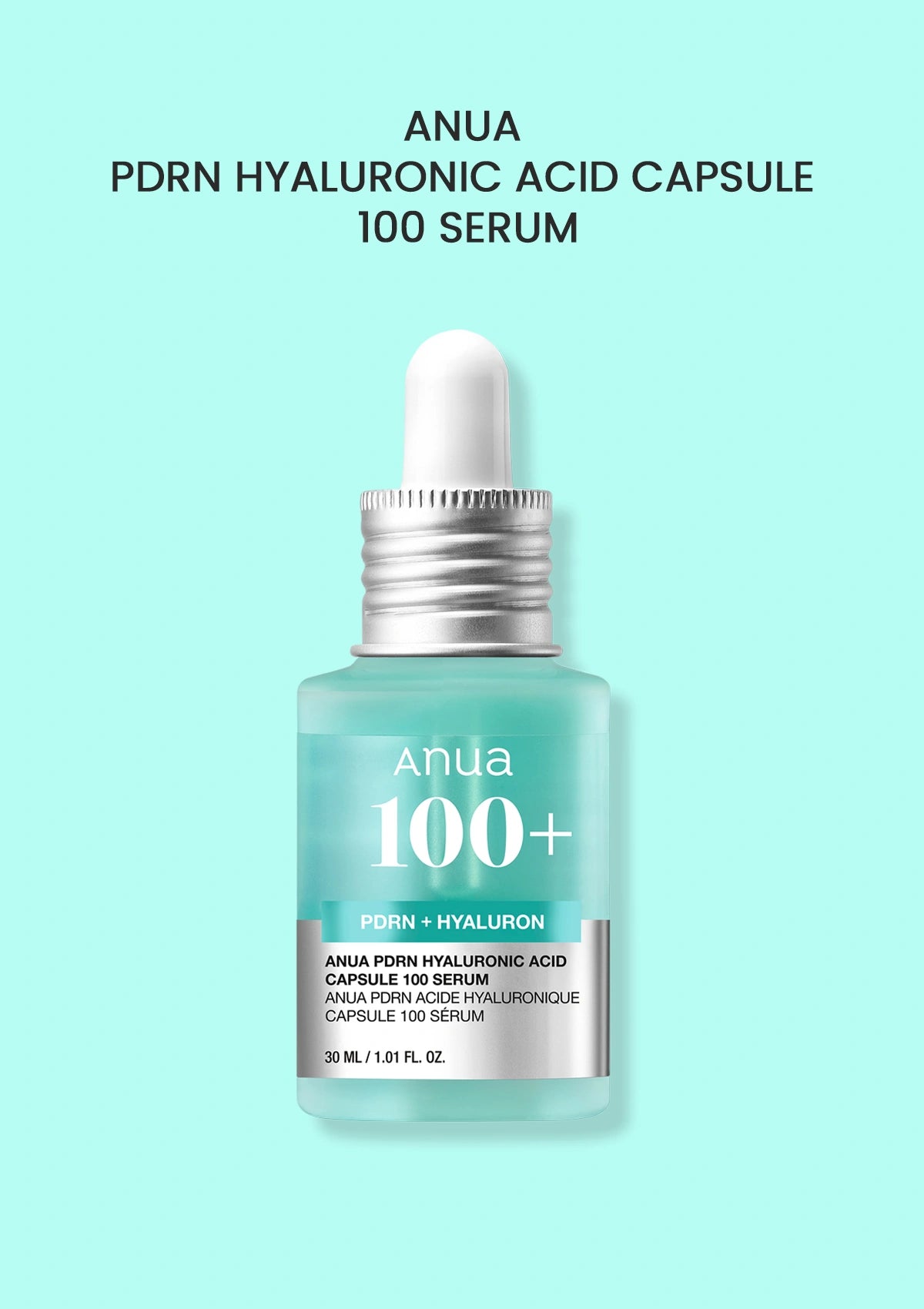 Anua PDRN Hyaluronic Acid Capsule 100 Serum bottle on a light blue background