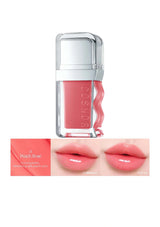 Lip gloss with packaging and color swatches on a white background