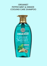 Organist mint & ginger shampoo bottle on a light blue background