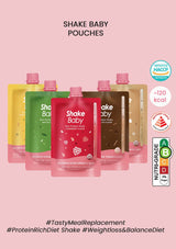 An assortment of Shake Baby spout pouches in various flavors, with labels showing the flavor name and additional product details 