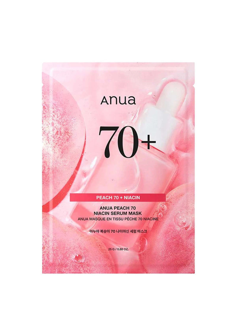 Anua 70+ Peach Niacin Serum Mask packaging with pink background