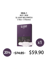 Promotional graphic for SL Light belly patches with a discount offer on a white background.