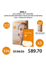 Promotional offer for Ultra Xecond Skin sun patch with packaging and pricing details.