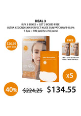 Promotional graphic for Ultra Xecond Skin sun patch deal with packaging and pricing information.