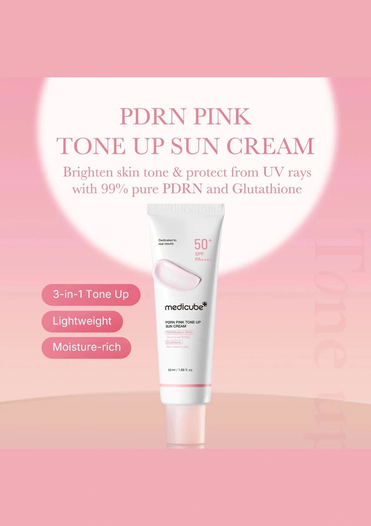 Tube of PDRN Pink Tone Up Sun Cream on a pink background