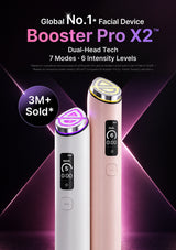 Two handheld facial device beauty tools, one white and one light pink, shown against a dark purple and black background with glowing pink and purple light beams. Text at the top reads 'Global No.