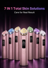 Six rose gold handheld facial beauty devices arranged in a row against a dark purple gradient background, each with a different colored light tip (pink, blue, yellow, green, purple, and white). Text at the top reads '7 IN 1 Total Skin Solutions' and 'Care for Real Result'.