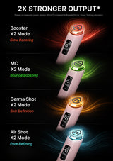 A promotional graphic showing four beauty device modes on a black background: Booster X2 Mode with red glow, MC X2 Mode with green glow, Derma Shot X2 Mode with orange glow, and Air Shot X2 Mode with blue glow. Text describes each mode, and the devices are shown with illuminated circular heads and small screens.