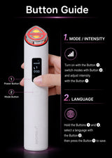 A white handheld beauty device with a digital display and red accent ring, held by a hand against a black background with a 'Button Guide' infographic explaining button controls and language options.