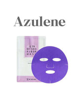 Purple facial mask sheet with packaging and 'Azulene' branding on a white background