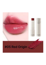 Lipstick with a close-up of lips wearing the color, two lipstick containers, and a swatch on a white background.