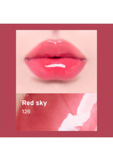 Close-up of lips with red lipstick labeled 'Red sky 126' on a pink background