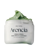 Arencia Fresh Green Rice Mochi Cleanser jar with green cream on a white background
