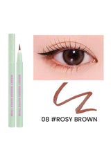 Eyeliner pencil with a close-up of an eye wearing it, labeled '08 Rosy Brown'.