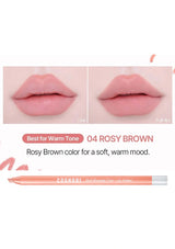 Cosmetics with a lip color swatch labeled '04 Rosy Brown' on a white background