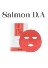 Red face mask sheet and packaging with 'Salmon D.A' branding on a white background