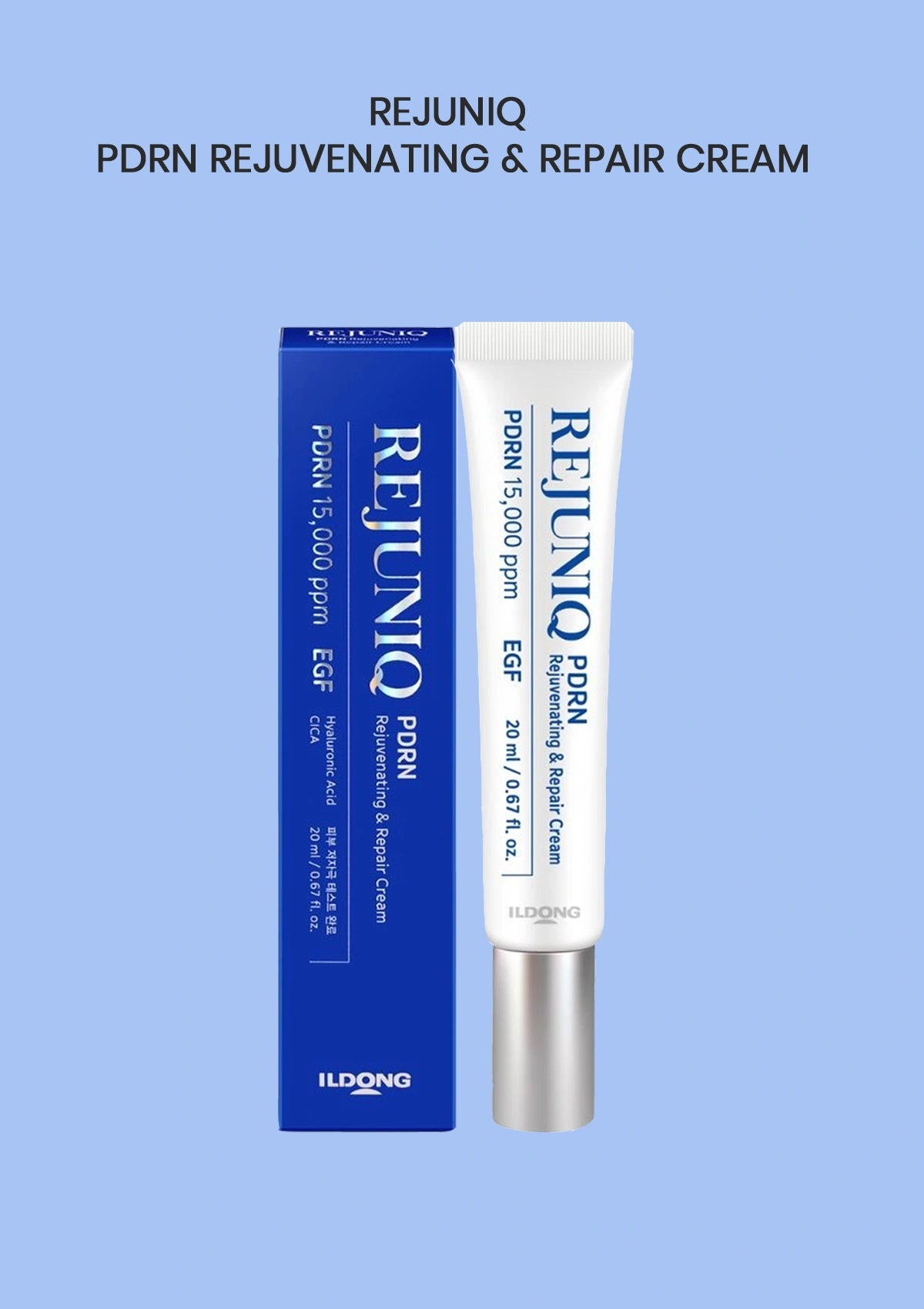 A skincare product shot showing a white tube of REJUNIQ PDRN Rejuvenating & Repair Cream next to its blue packaging box, set against a solid light blue background with black text at the top.