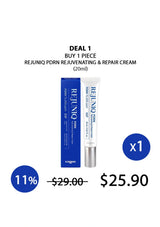 A promotional graphic for Rejuniq PDRN Rejuvenating & Repair Cream, showing the blue and white product box and a white squeeze tube with a silver cap. Text reads 'DEAL 1 BUY 1 PIECE REJUNIQ PDRN REJUVENATING & REPAIR CREAM (20ml)' with pricing and a '11%' discount badge.