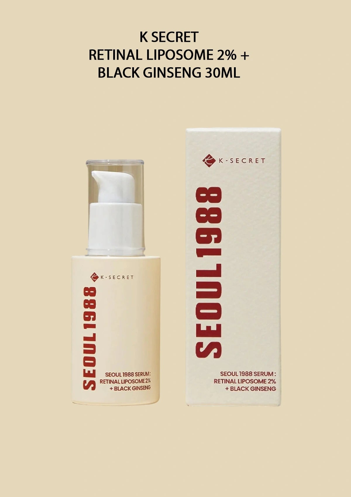 K-Secret Seoul 1988 skincare serum bottle and packaging on a beige background