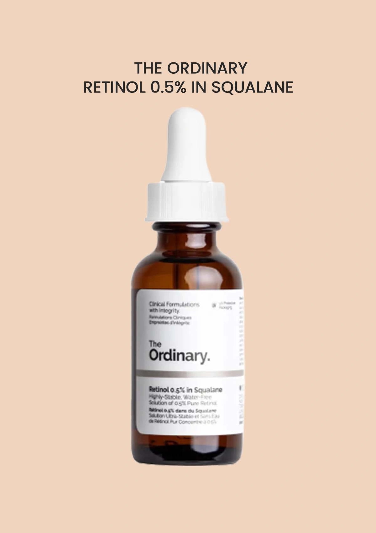The Ordinary retinol serum bottle with dropper on a beige background