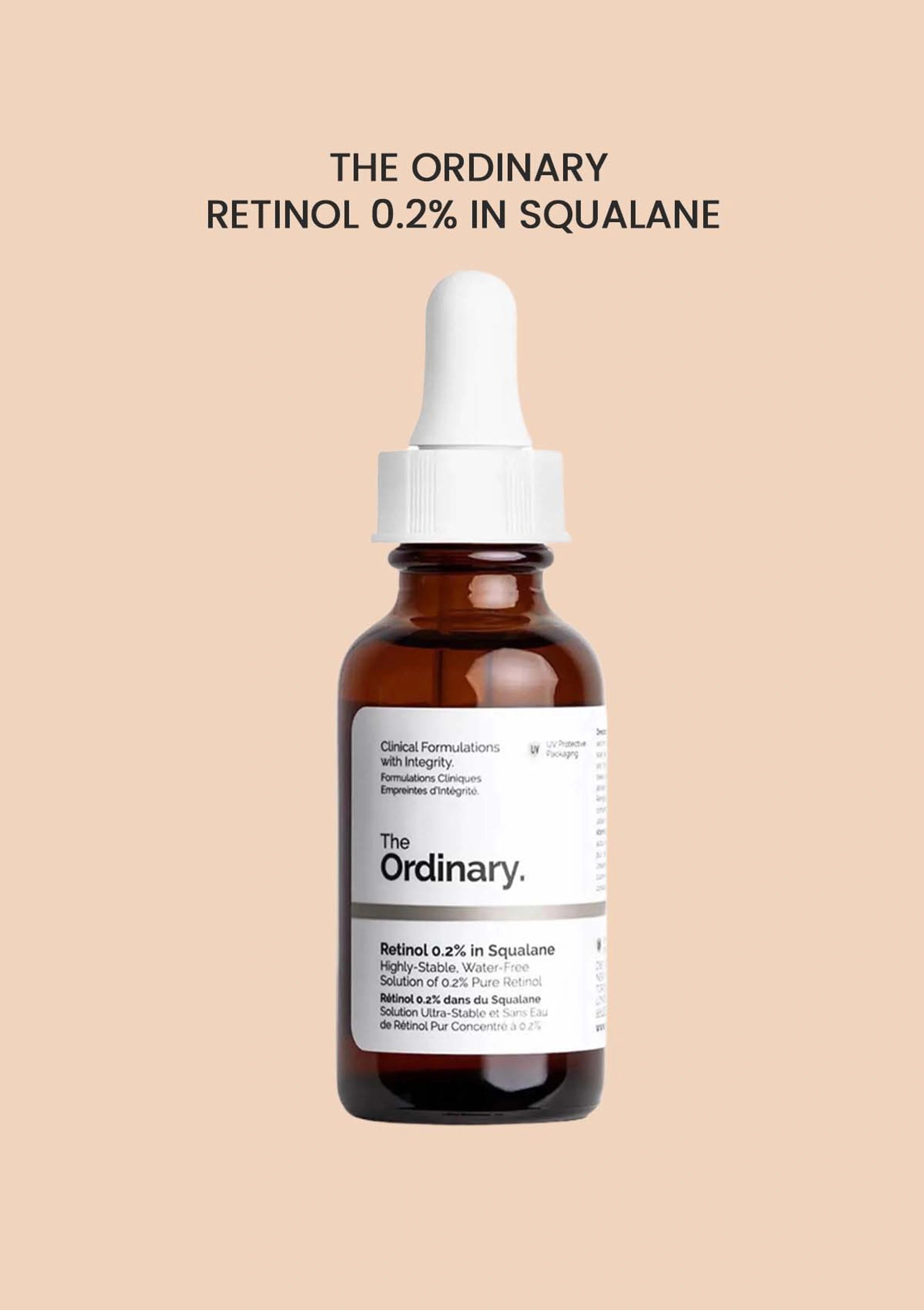 Bottle of 'The Ordinary' Retinol 0.2% in Squalane on a beige background
