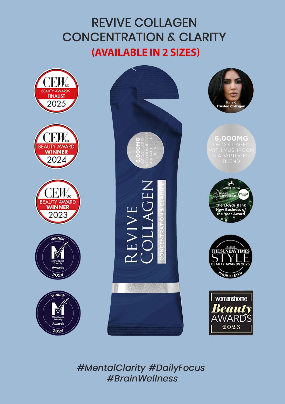 Revive Collagen product packaging with awards and product details on a blue background