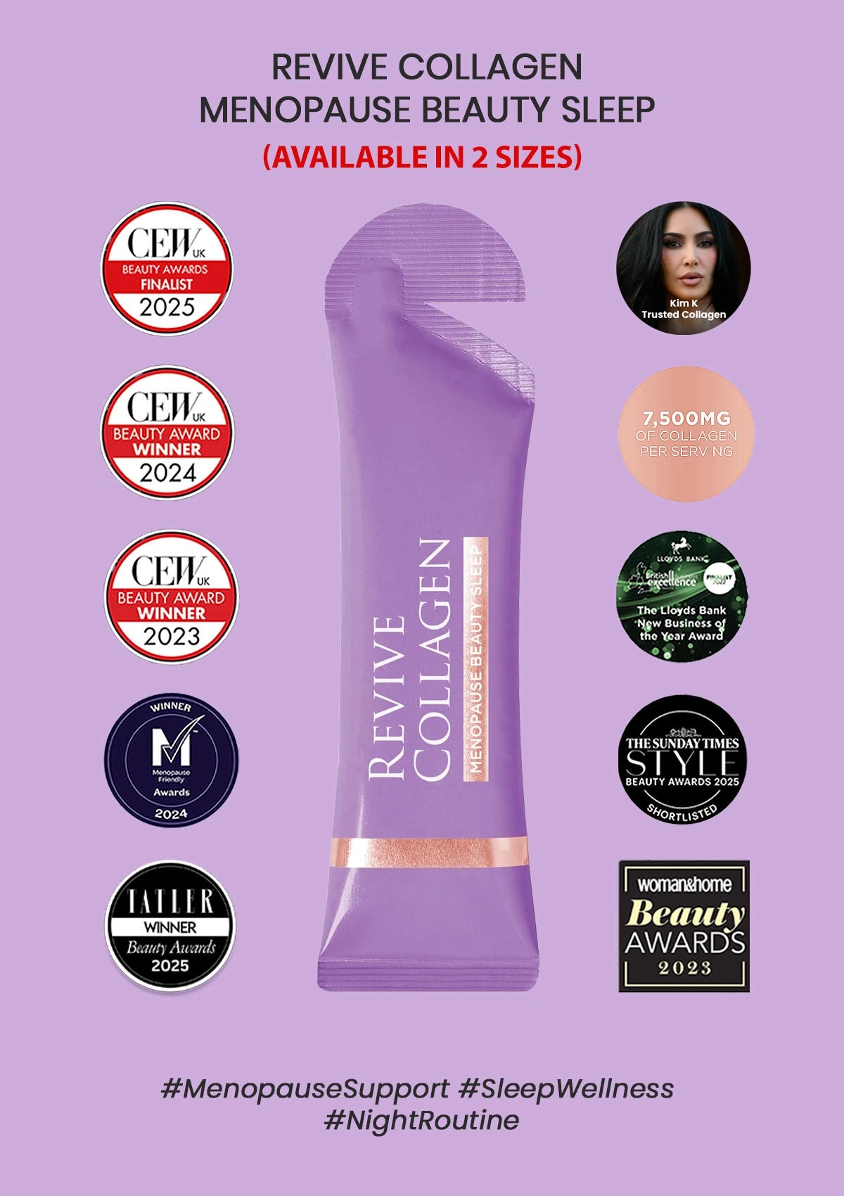 Revive Collagen Menopause Beauty Sleep product packaging on a purple background with awards and text.