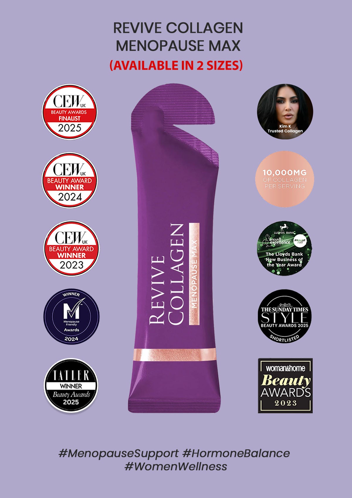 Revive Collagen Menopause Max package with awards and product details on a purple background