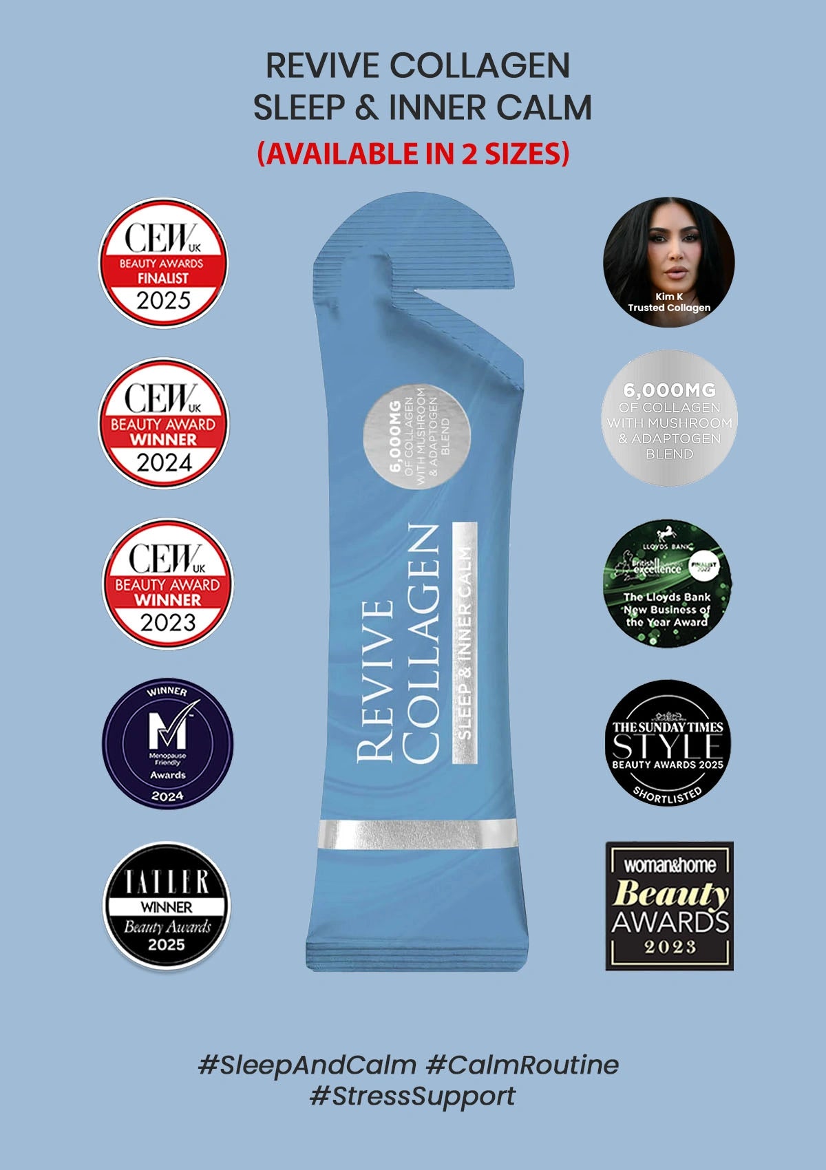 Revive Collagen product with awards and text on a blue background