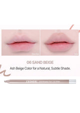 Cosmetically applied lipstick on lips with '06 Sand Beige' description and COSNORI lip liner.