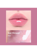 Close-up of pink lips with a transparent lip balm labeled 'See-through 652' on a pink background.