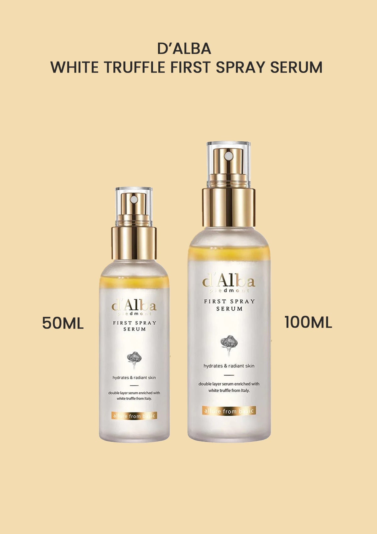 Two bottles of D'Alba White Truffle First Spray Serum, one is 50ml and the other is 100ml, both with a white label and gold accents.
