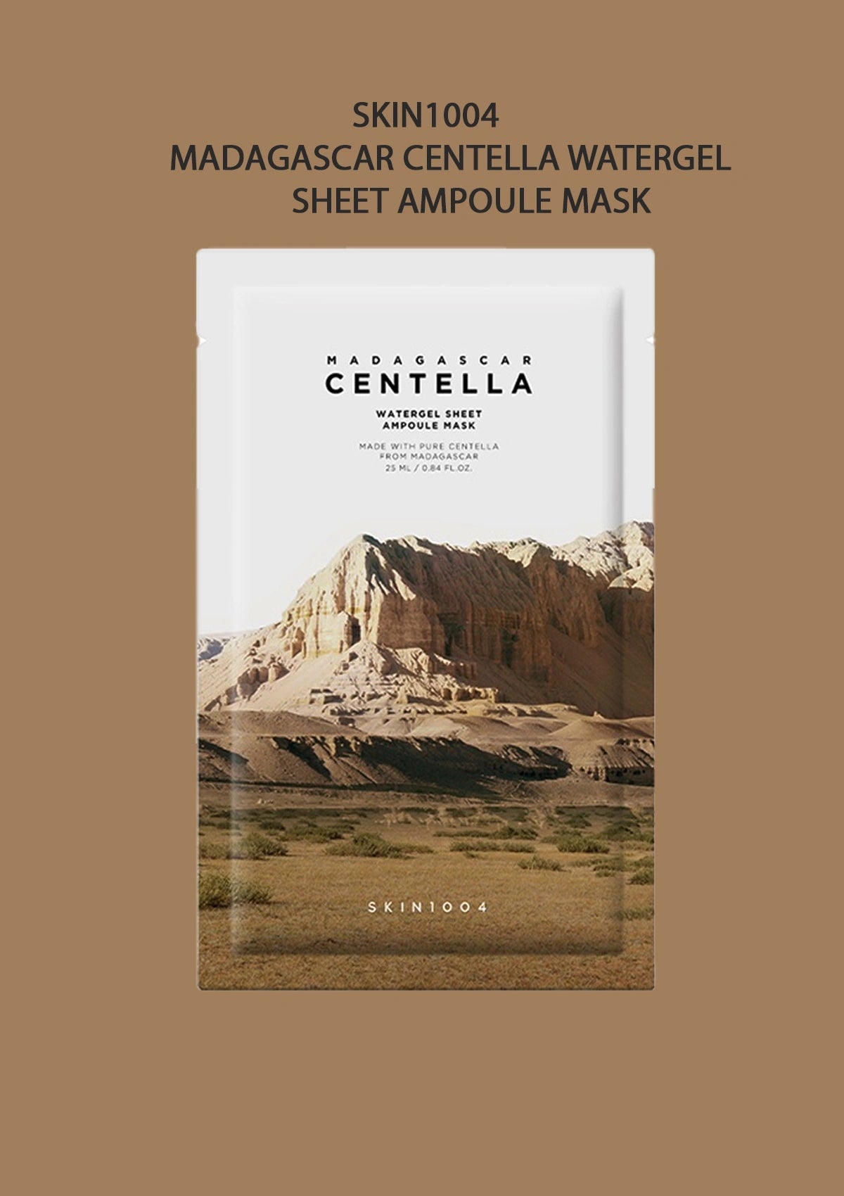 SKIN1004 Madagascar Centella Watergel Sheet Ampoule Mask packaging with mountain landscape background