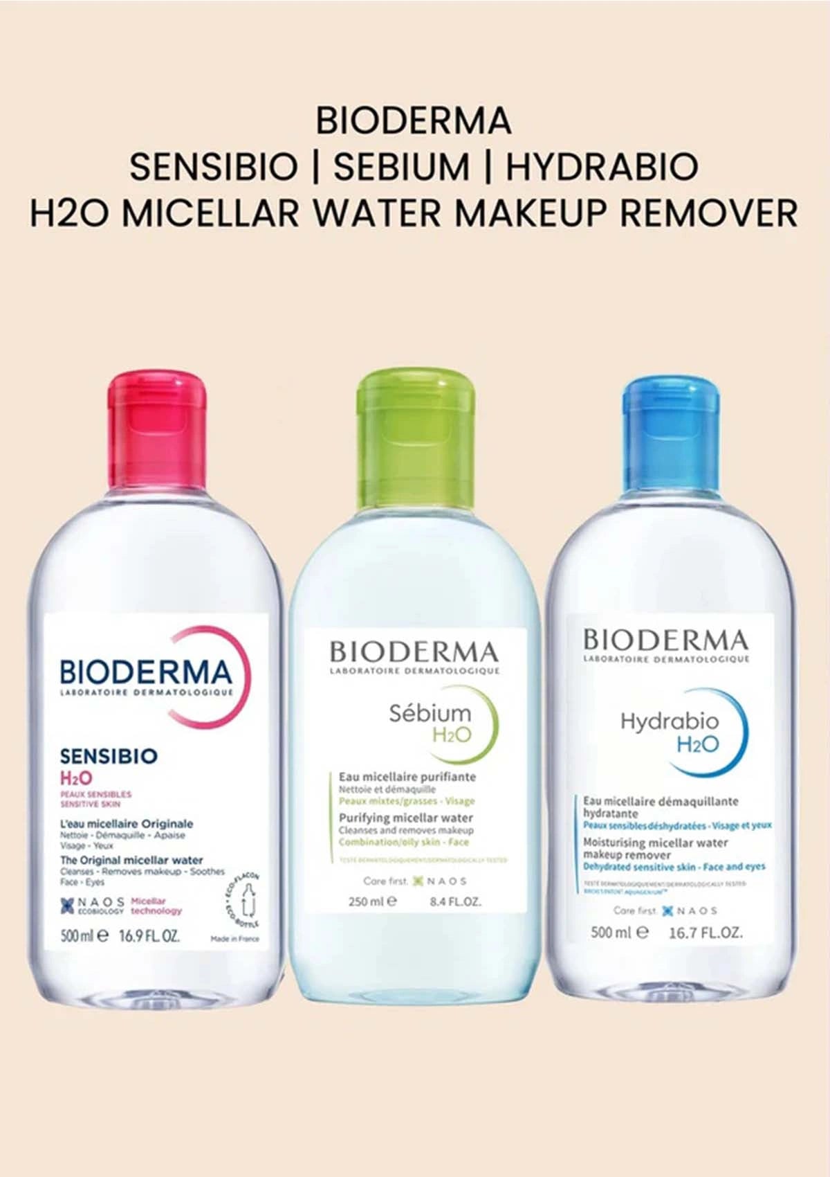 Three Bioderma micellar water bottles in Sensibo, Sébium, and Hydrabio, shown side-by-side on a light beige background with black text at the top.