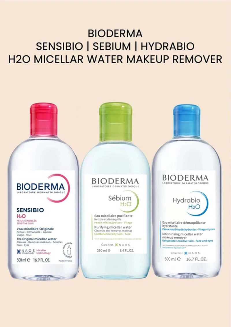 Three Bioderma micellar water bottles in Sensibo, Sébium, and Hydrabio, shown side-by-side on a light beige background with black text at the top.