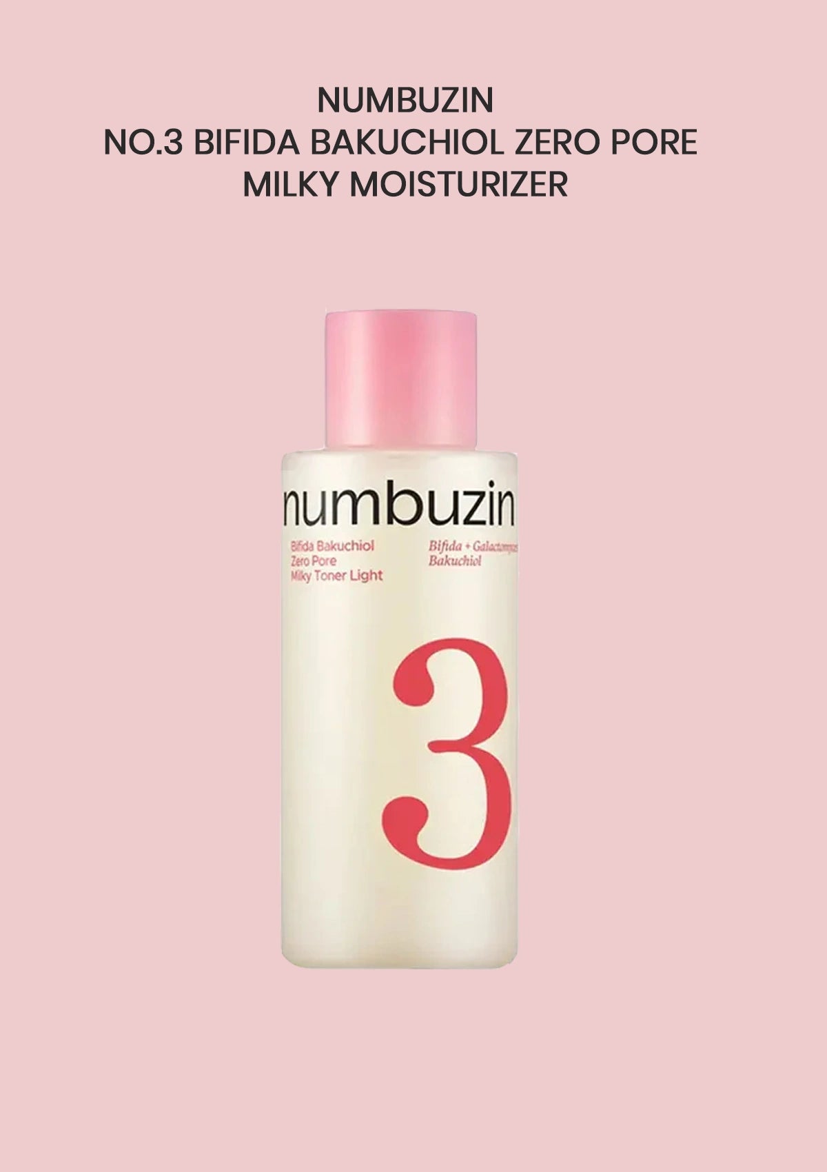 Numbuzin Milky Moisturizer bottle with pink cap on a light pink background