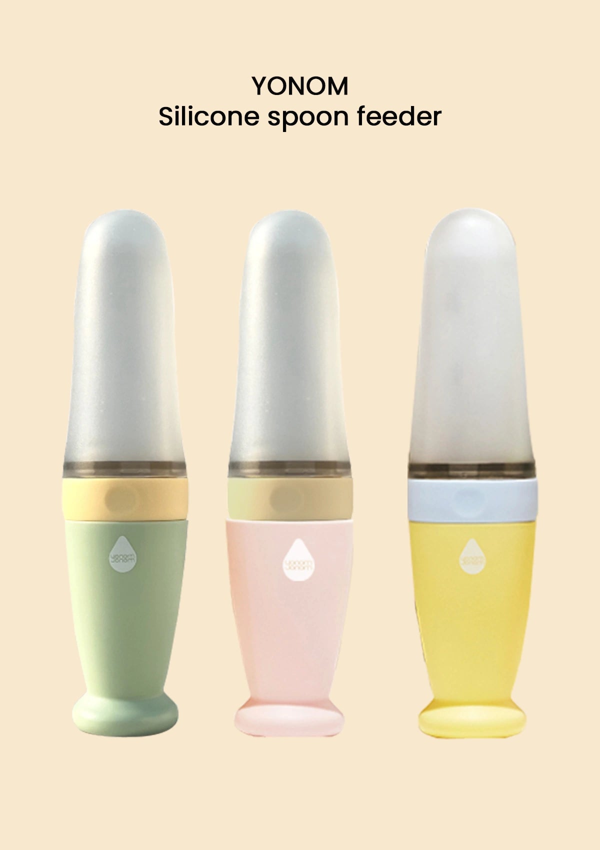 Three silicone spoon feeders in different colors on a beige background with 'YONOM' branding.