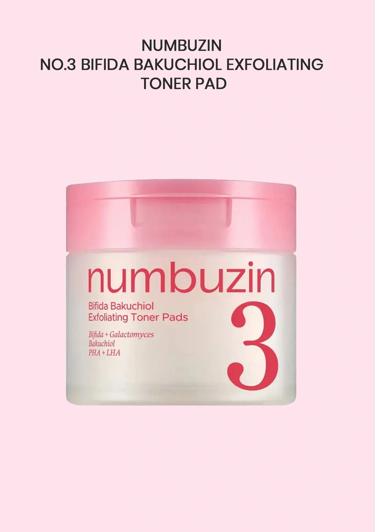 Numbuzin Bifida Bakuchiol Exfoliating Toner Pad container on a pink background