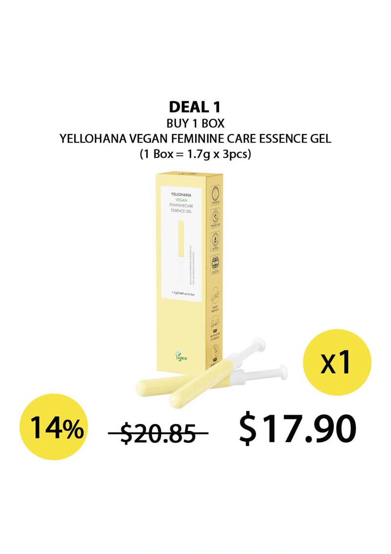 Advertisement for Yellohana Vegan Feminine Care Essence Gel with packaging and price details on a white background.