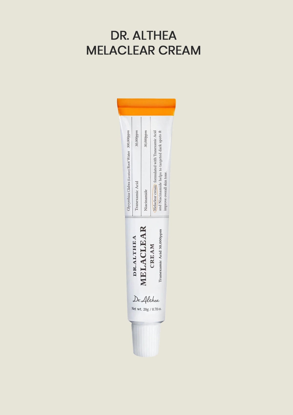 Dr. Althea Melaclear Cream tube on a beige background